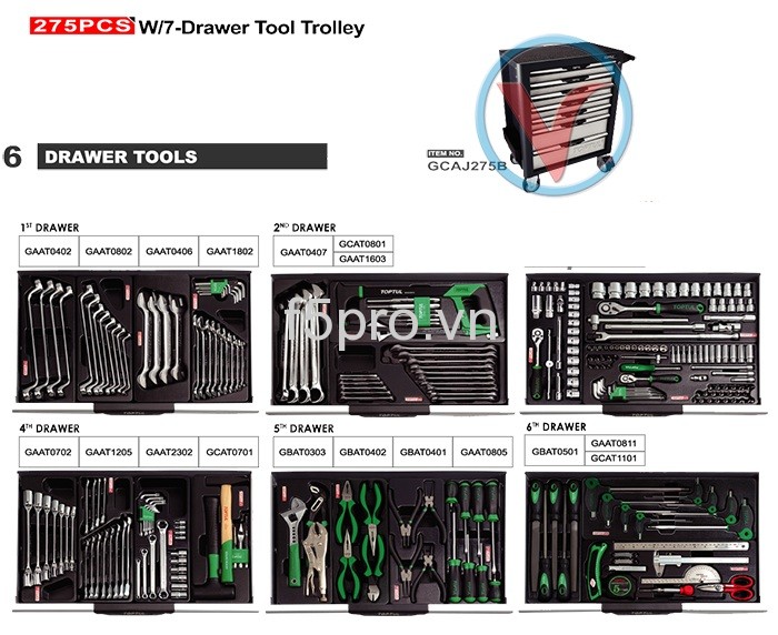 Bộ tủ dụng cụ 7 Bộ tủ dụng cụ 7 ngăn (cao cấp chống lật ) có bánh xe di động 6 ngăn dụng cụ 275 chi tiết (Màu xám) GCAJ275B
