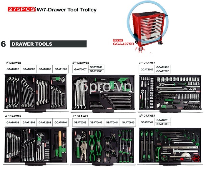 Bộ tủ dụng cụ 7 Bộ tủ dụng cụ 7 ngăn (cao cấp chống lật ) có bánh xe di động 6 ngăn dụng cụ 275 chi tiết (Màu đỏ) GCAJ275R